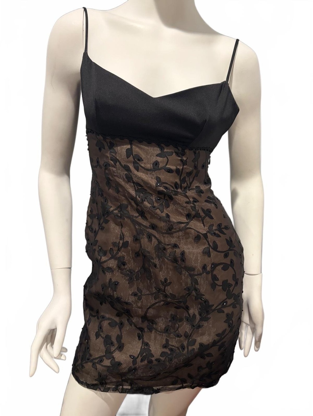 Vintage 90s Laundry Beaded Sheer Floral Mini Dress Y2K Black whimsygoth Sz 2